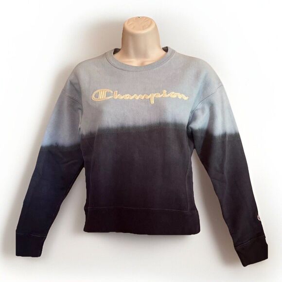 Champion Tops - Champion Reverse Weave Cropped Tie Dye Spell Out Logo Sweatshirt Womens XS Blue